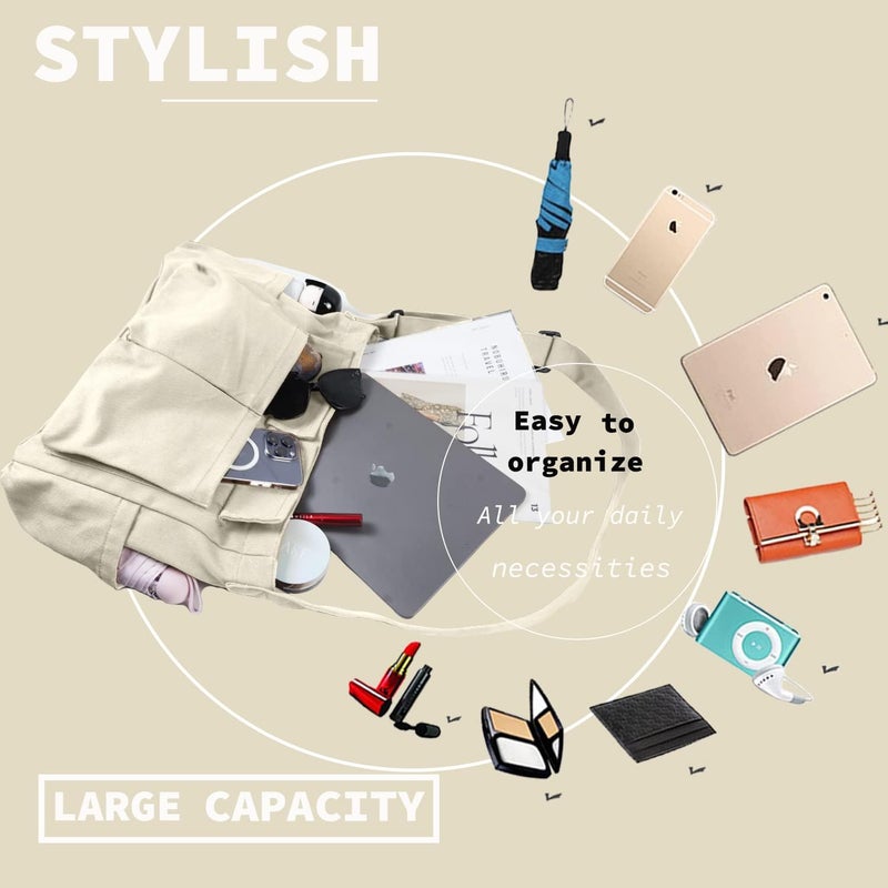 yaucher Store Canvas Messenger Bag Large Hobo Crossbody Bag with Multiple Pockets Casual Shoulder Tote Bag for Women and Men - Image 5